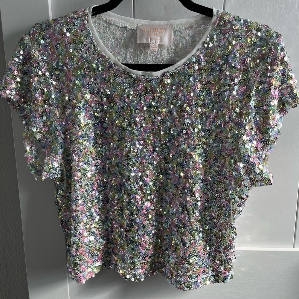 Gray top with pastel sequin detailing